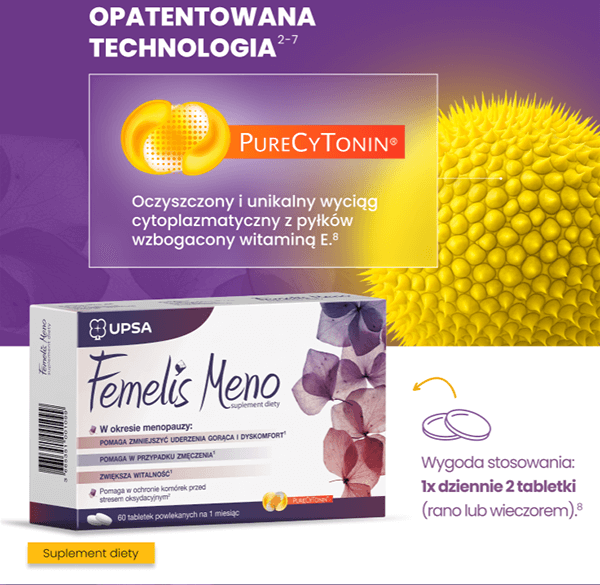 OPATENTOWANA TECHNOLOGIA. PureCyTonin - oczyszczony i unikalny wyciąg cytoplazmatyczny z pyłków wzbogacony witaminą E. Wygoda stosowania: 1x dziennie 2 tabletki (rano lub wieczorem).